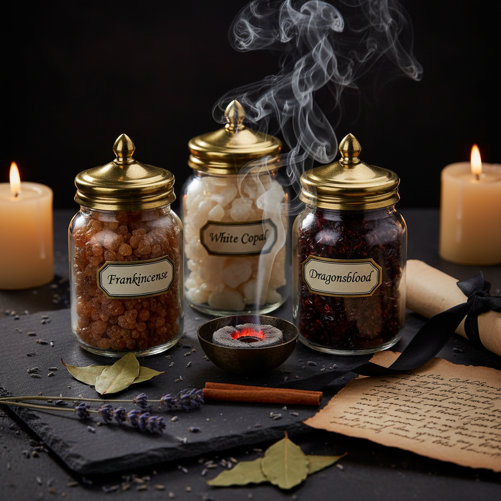 Kit resine sacre Frankincense Copal Dragonsblood con carbonella e fumo su superficie scura