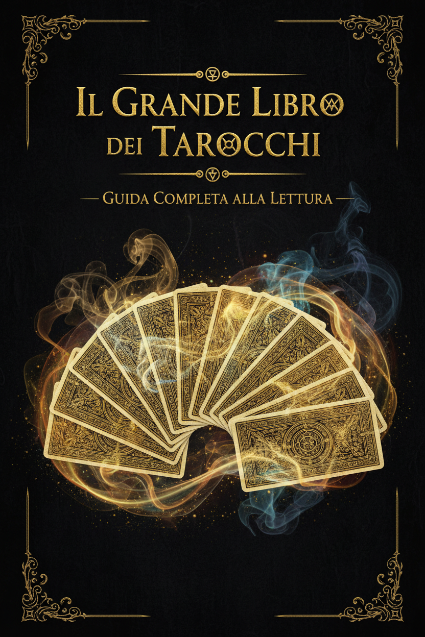 Copertina Il Grande Libro dei Tarocchi — carte Rider-Waite con luce dorata su sfondo nero