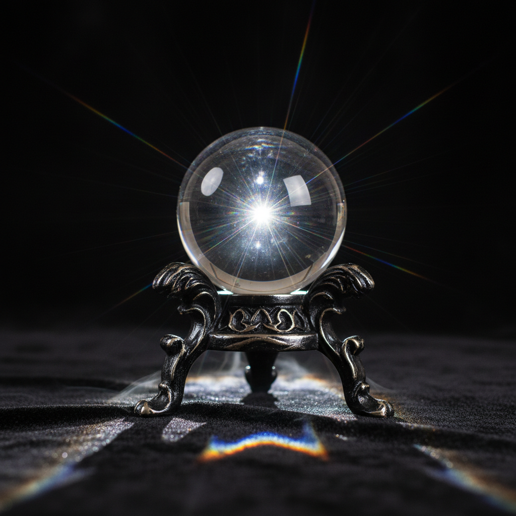 Sfera di cristallo di quarzo trasparente con prismi di luce su sfondo nero