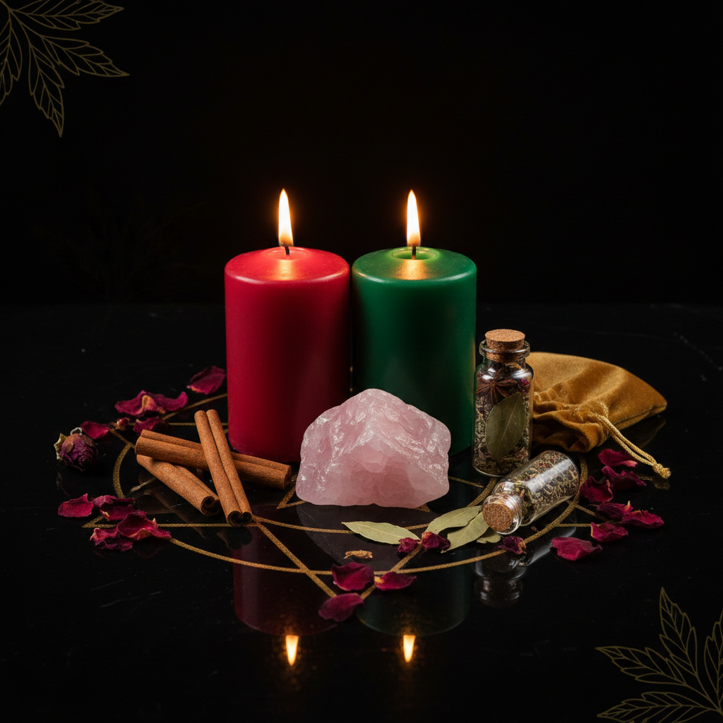 Kit rituale amore e prosperità con candele, quarzo rosa e petali di rosa su superficie scura