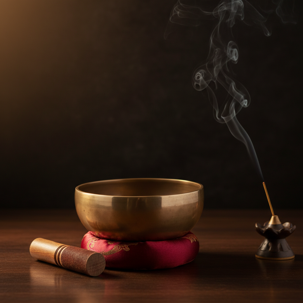 Campana tibetana in bronzo con mazzuolo e cuscino su superficie scura con luce dorata