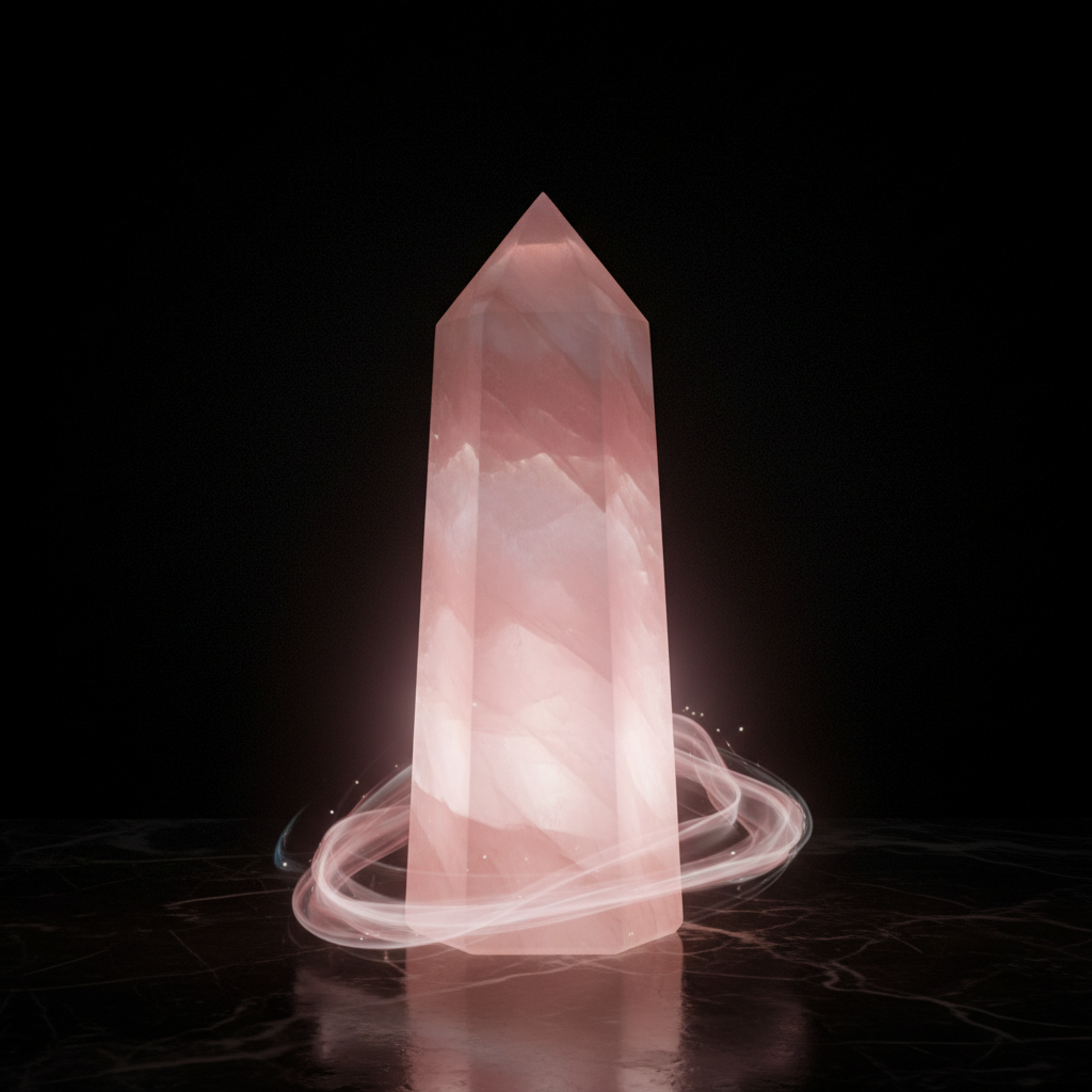 Punta di quarzo rosa con luce rosa su marmo scuro