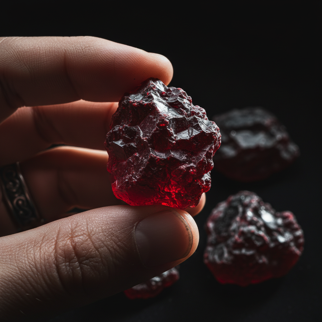 Dettaglio ravvicinato della resina Dragonsblood rossa cristallina