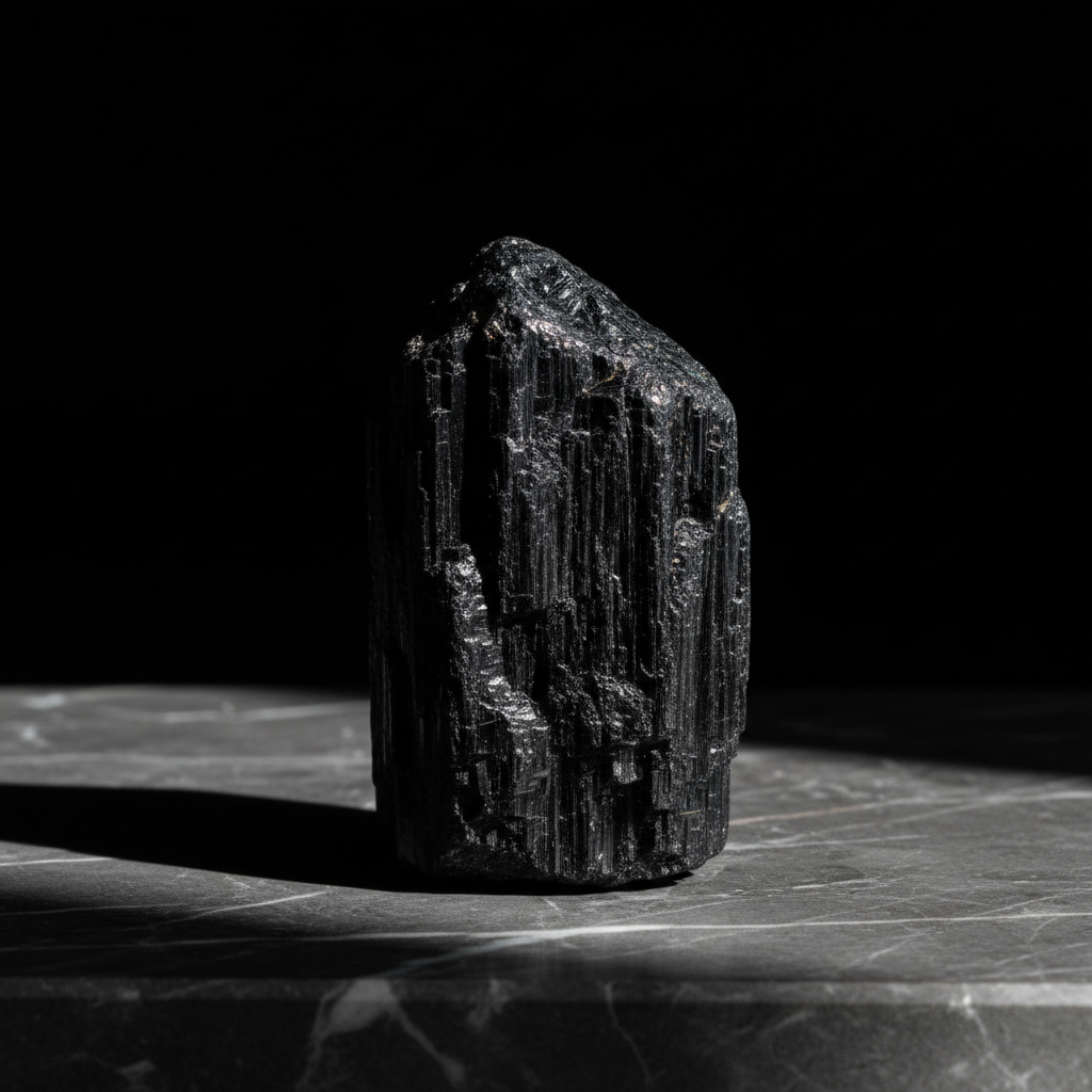 Tormalina Nera cristallo di protezione su marmo scuro con luce drammatica