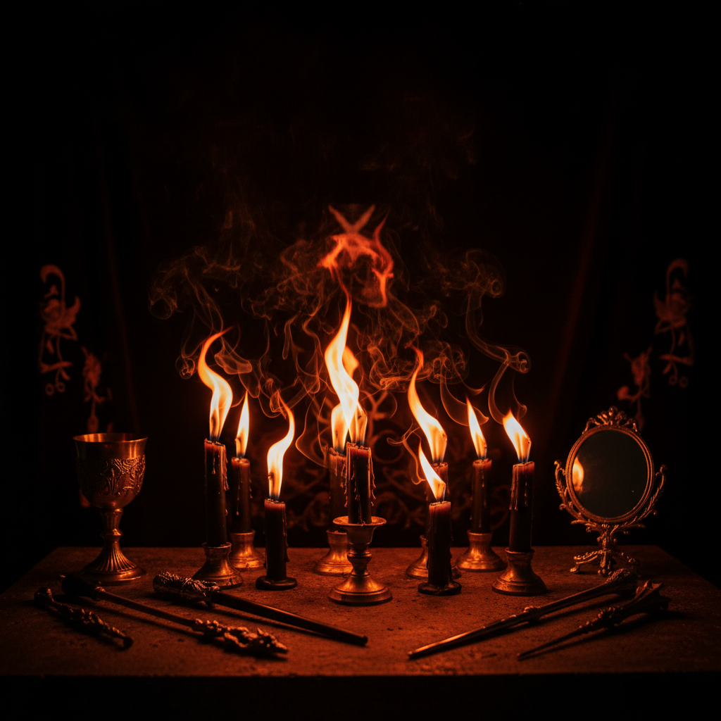 Fiamme di candele rituali con ombre mistiche e fumo per lettura piromantica