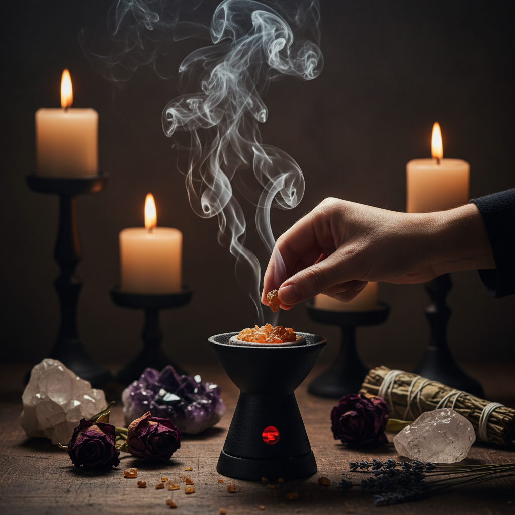 Scena rituale con resina Frankincense su carbonella ardente e fumo bianco