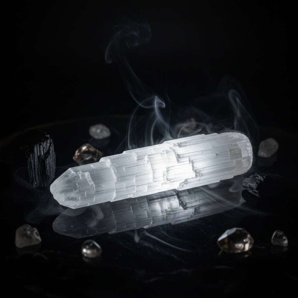 Bacchetta di Selenite con luce bianca eterea su superficie scura