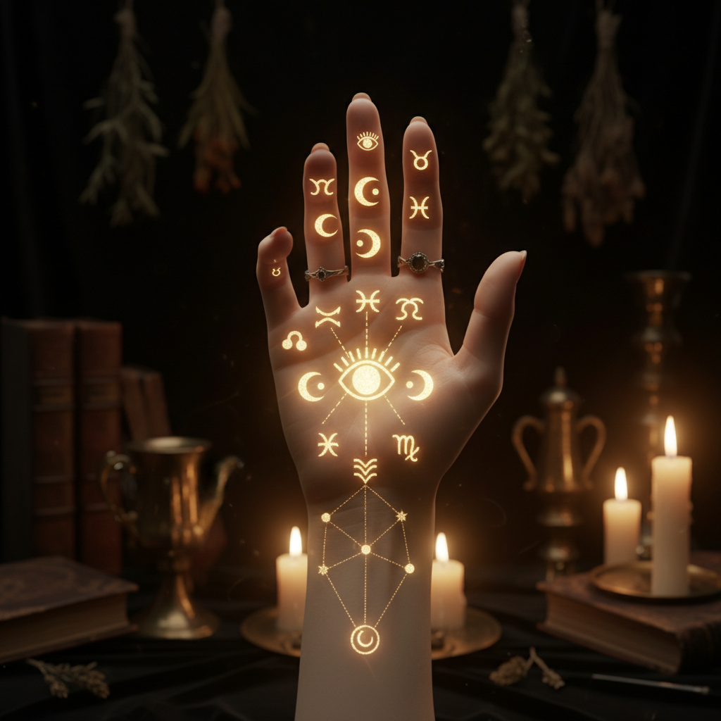 Mano elegante con linee della mano illuminate da luce dorata per lettura chiromantica