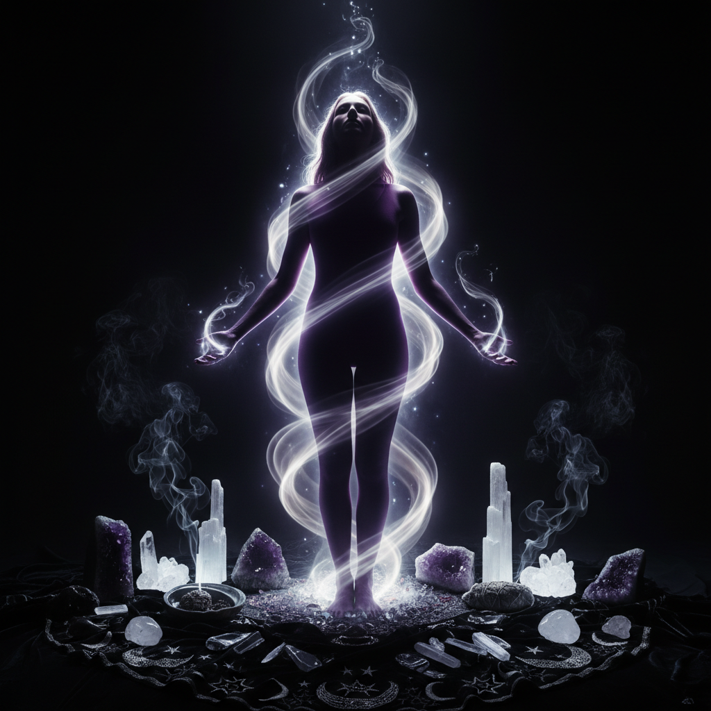 Luce eterea bianca e viola che circonda una silhouette durante la pulizia dell'aura