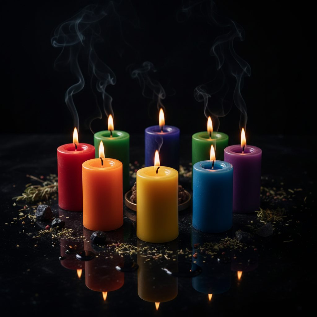 Set 7 candele rituali colorate accese in cerchio su superficie scura con luce calda