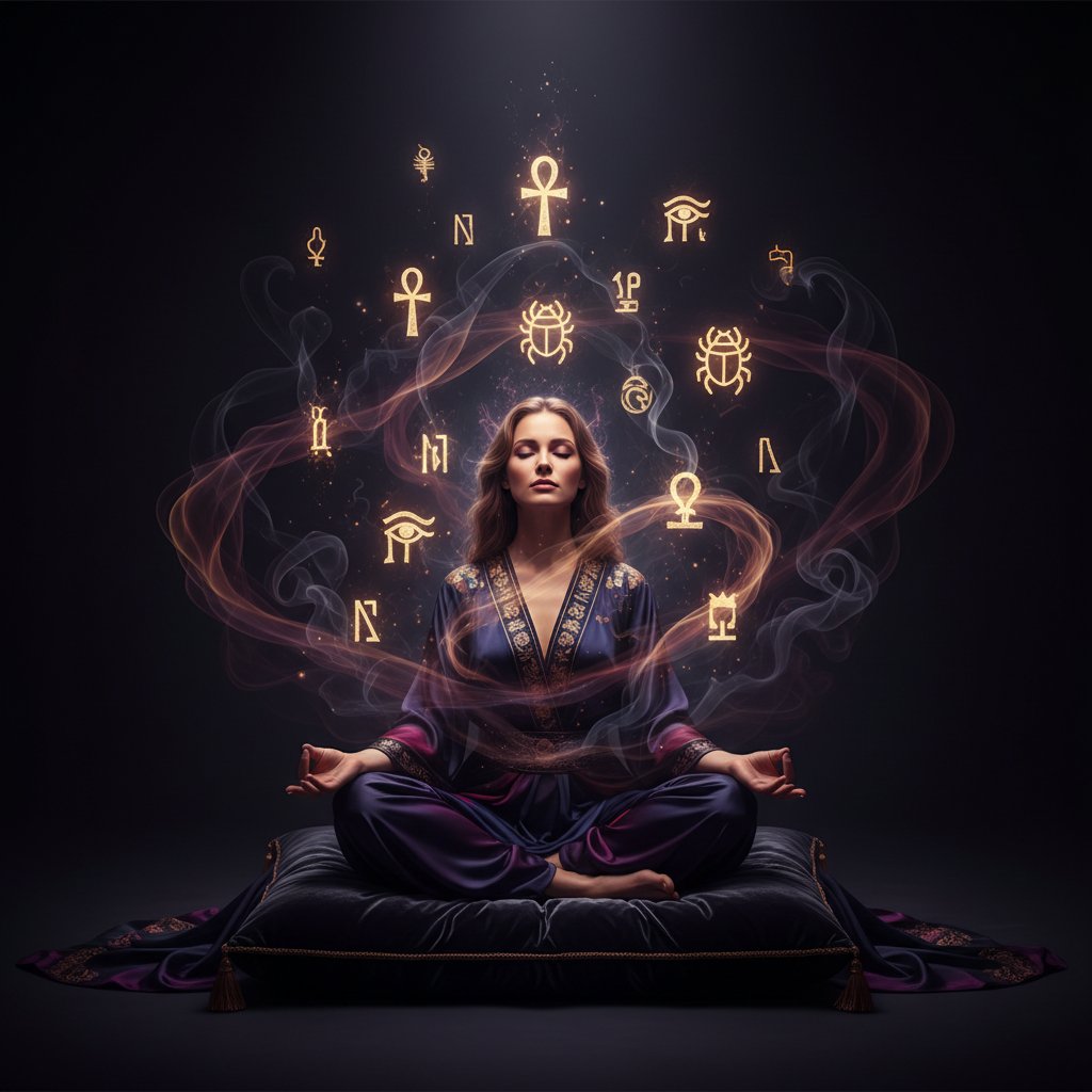 Donna in meditazione profonda con luce eterea e simboli antichi fluttuanti