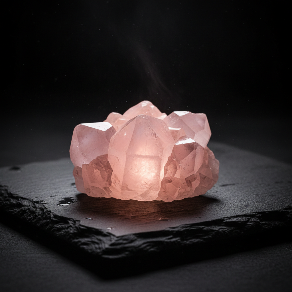 Quarzo Rosa cristallo dell'amore su superficie scura con luce rosa