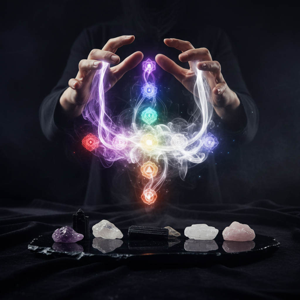 Mani che canalizzano energia luminosa sui chakra con cristalli allineati su superficie scura