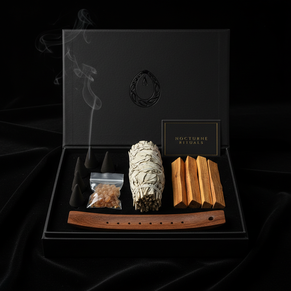 Set incensi rituali premium in scatola nera con salvia, palo santo e resine su velluto